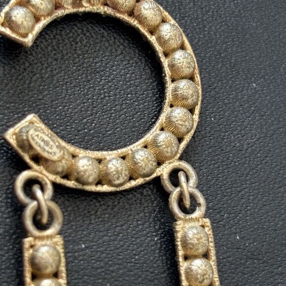 Crystal Cha-Nel Logo Drop Earrings Gold long big accessory bling dangling hoops - Picture 6 of 7